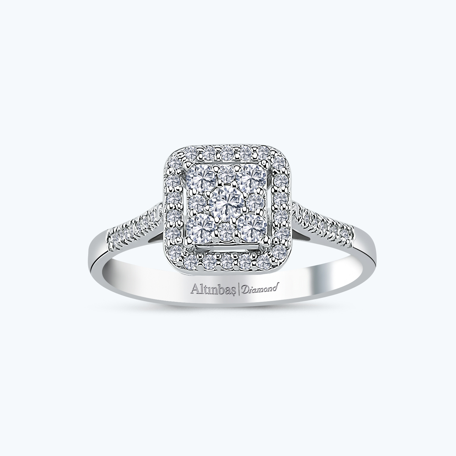 0.22 Karat Pırlanta Kolları Taşlı Kare Yüzük