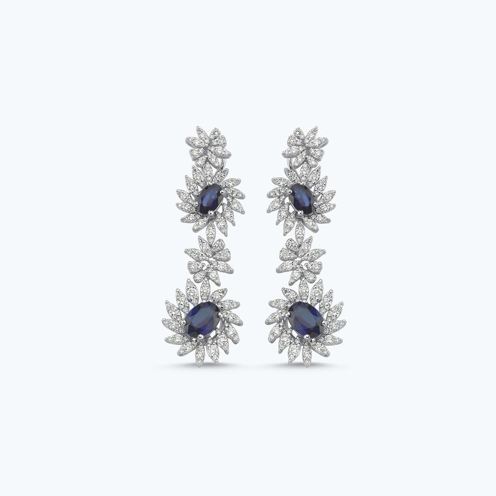 Pırlanta Safir Oval Çiçek Küpe