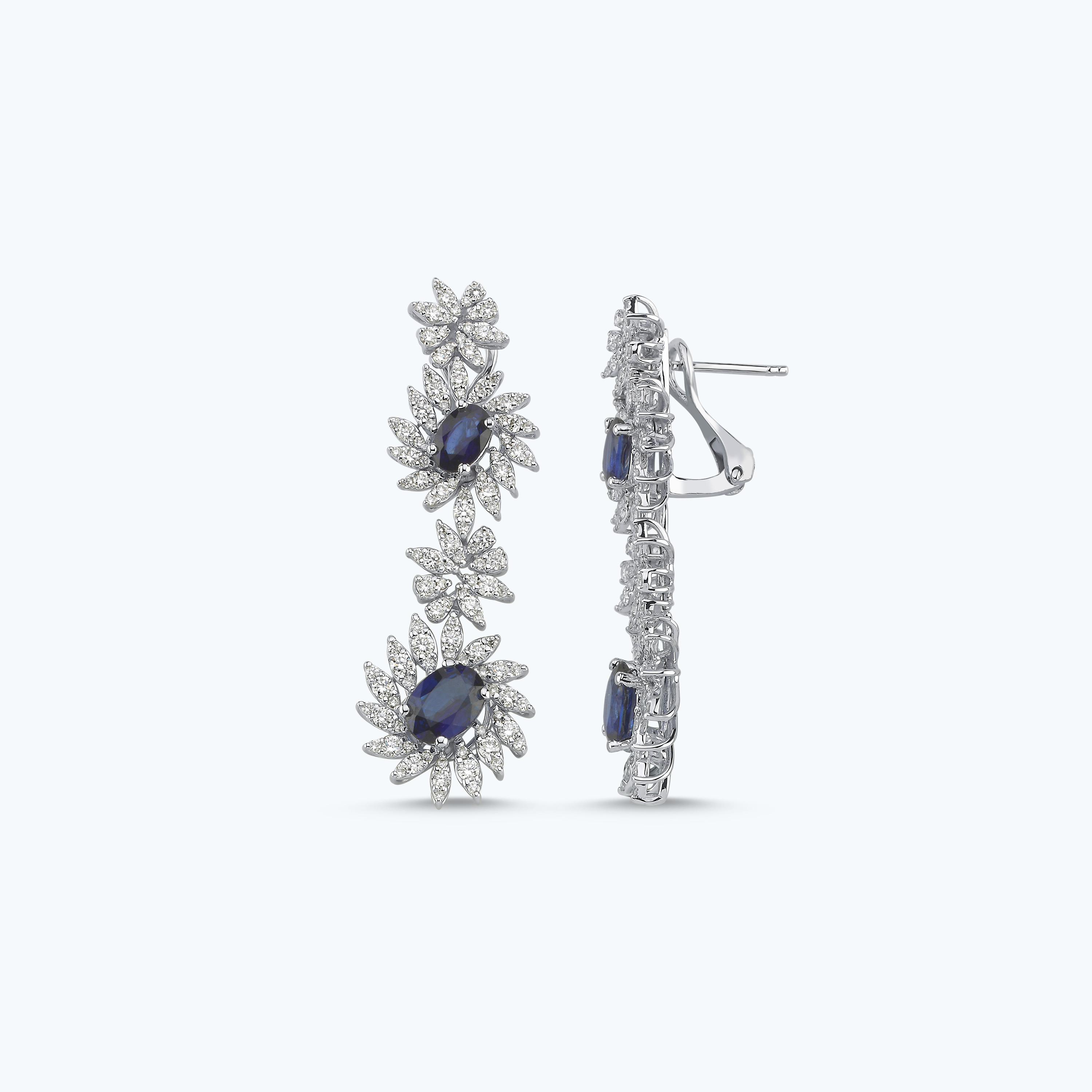1.96 Karat Pırlanta Safir Oval Çiçek Küpe