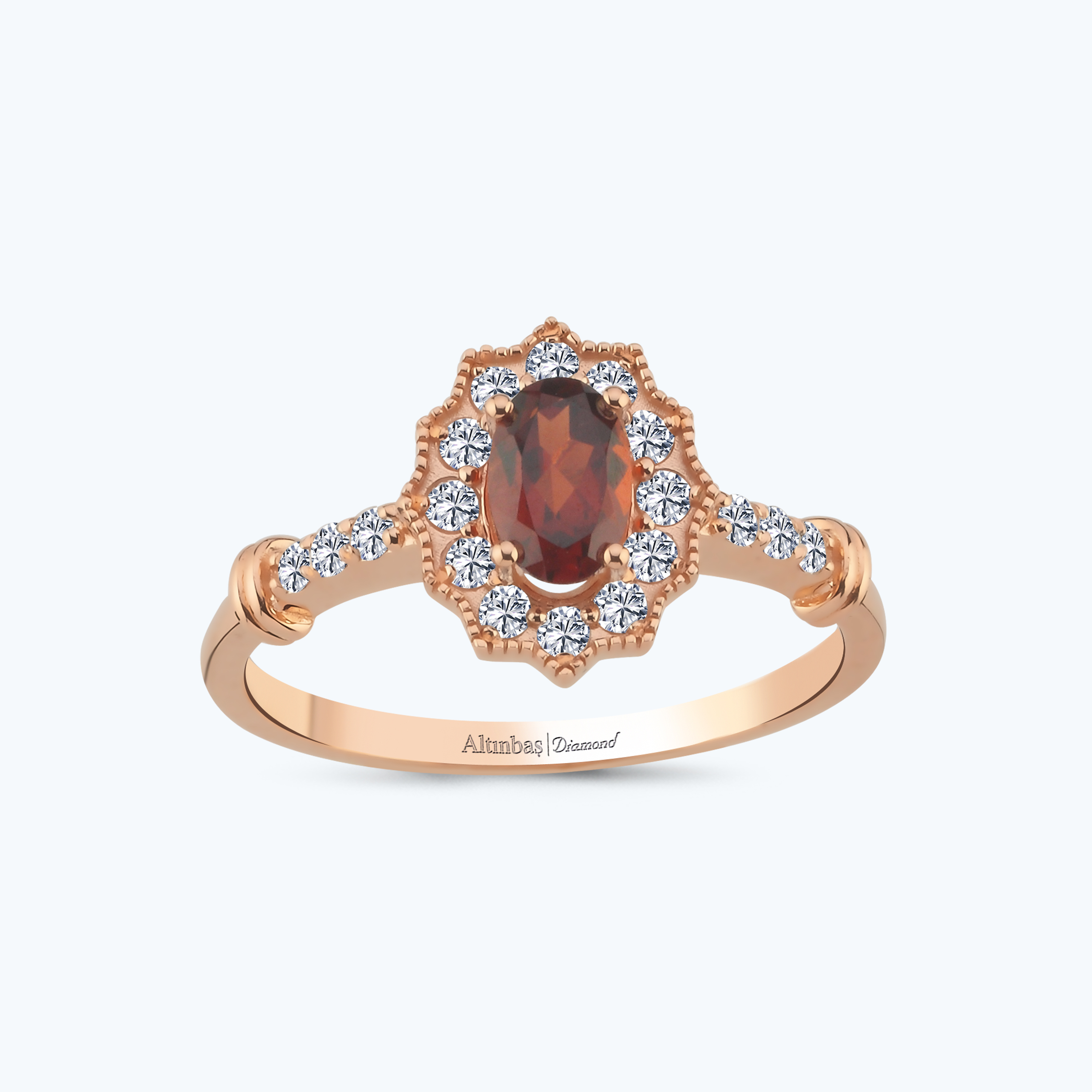 0.25 Karat Pırlanta Garnet Taşlı Oval Yüzük
