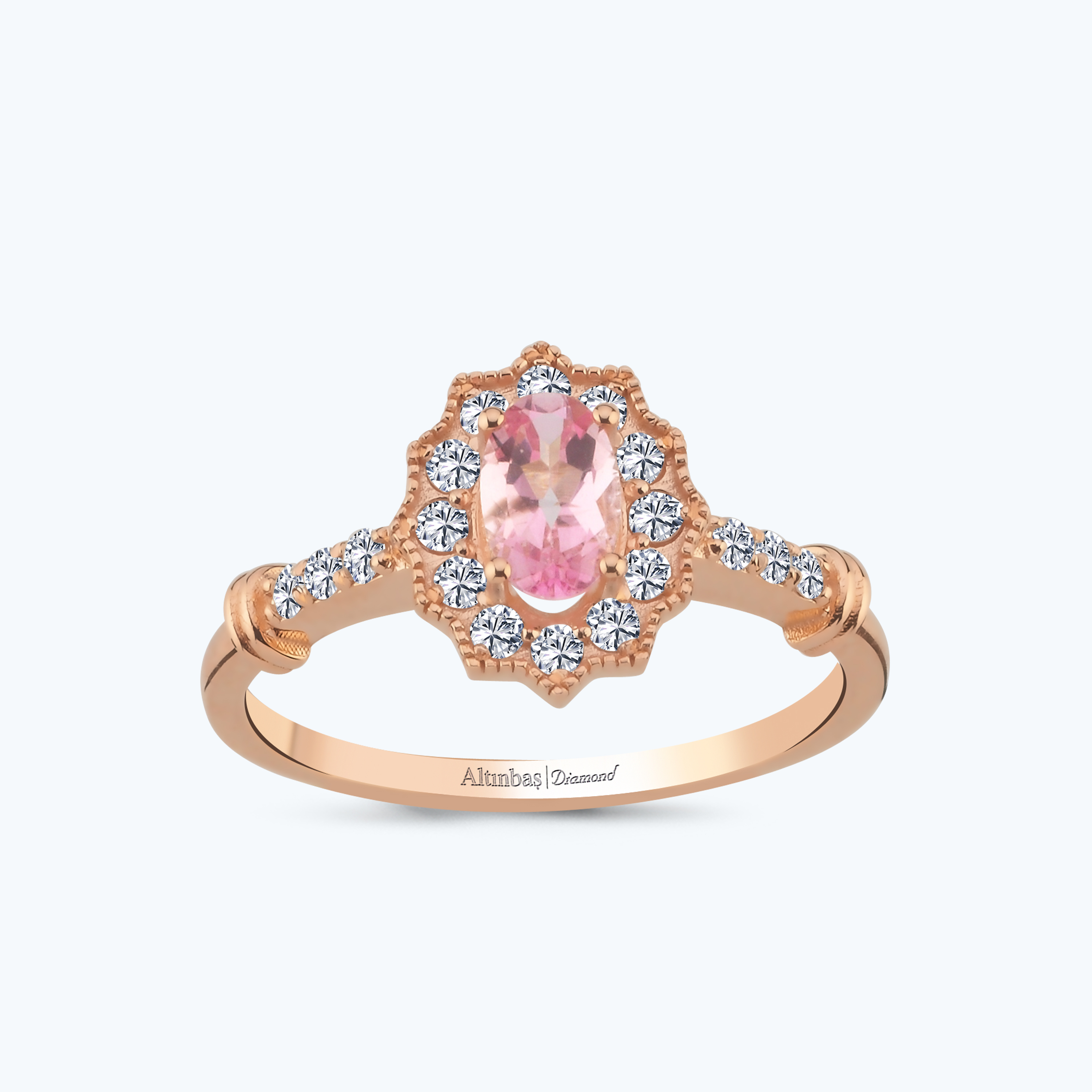 0.25 Karat Pırlanta Pembe Safir Oval Yüzük