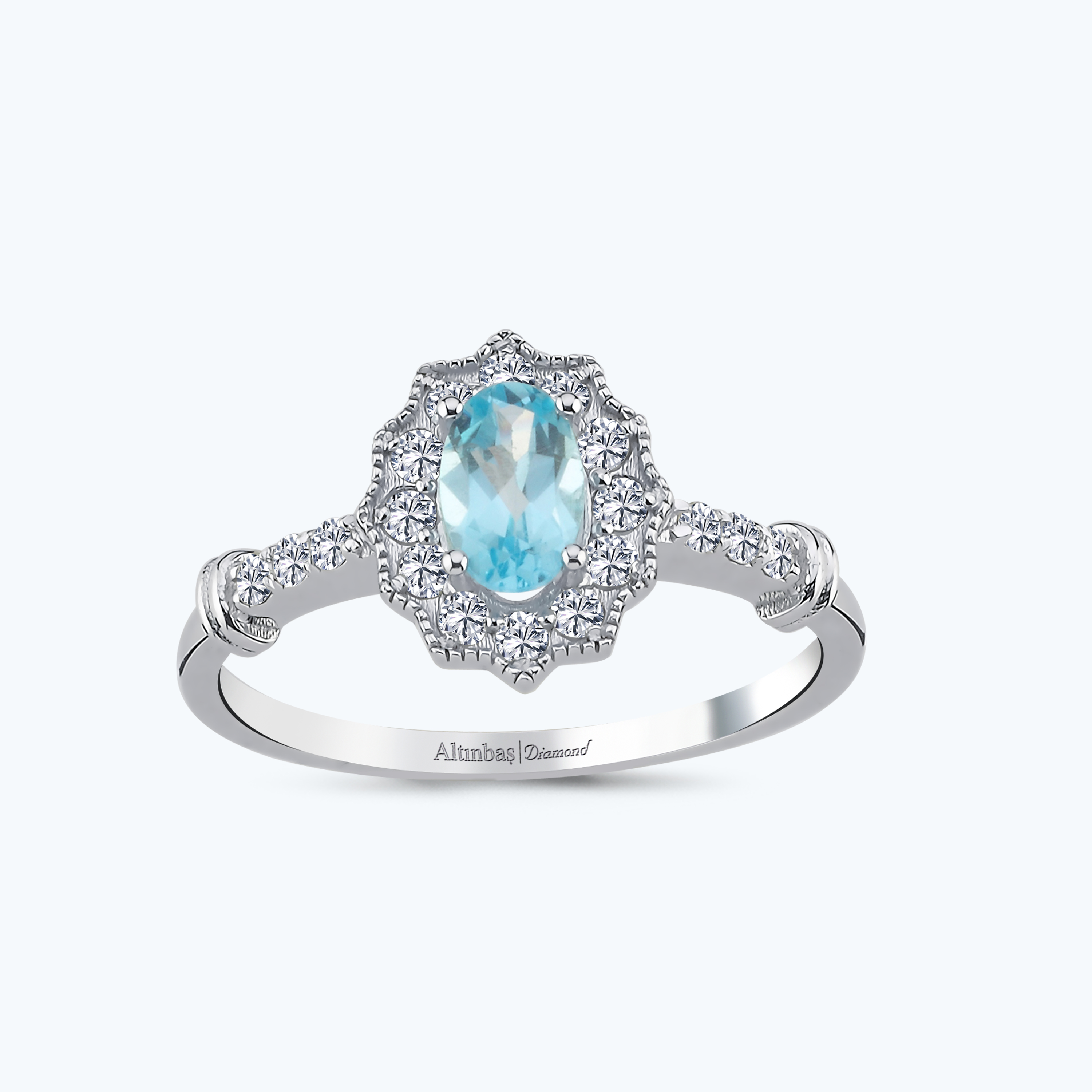 0.25 Karat Pırlanta Mavi Topaz Oval Yüzük