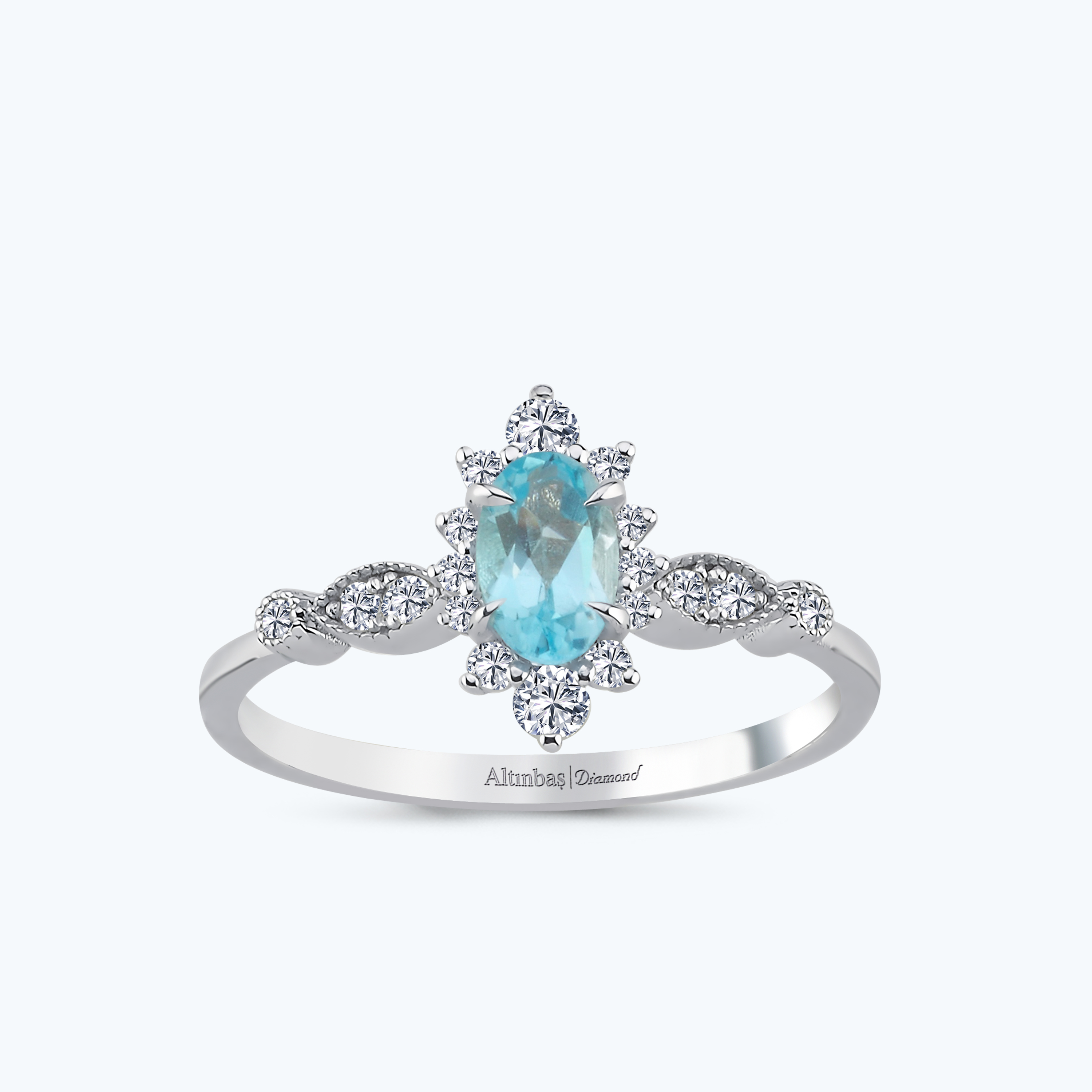 0.20 Karat Pırlanta Mavi Topaz Oval Yüzük