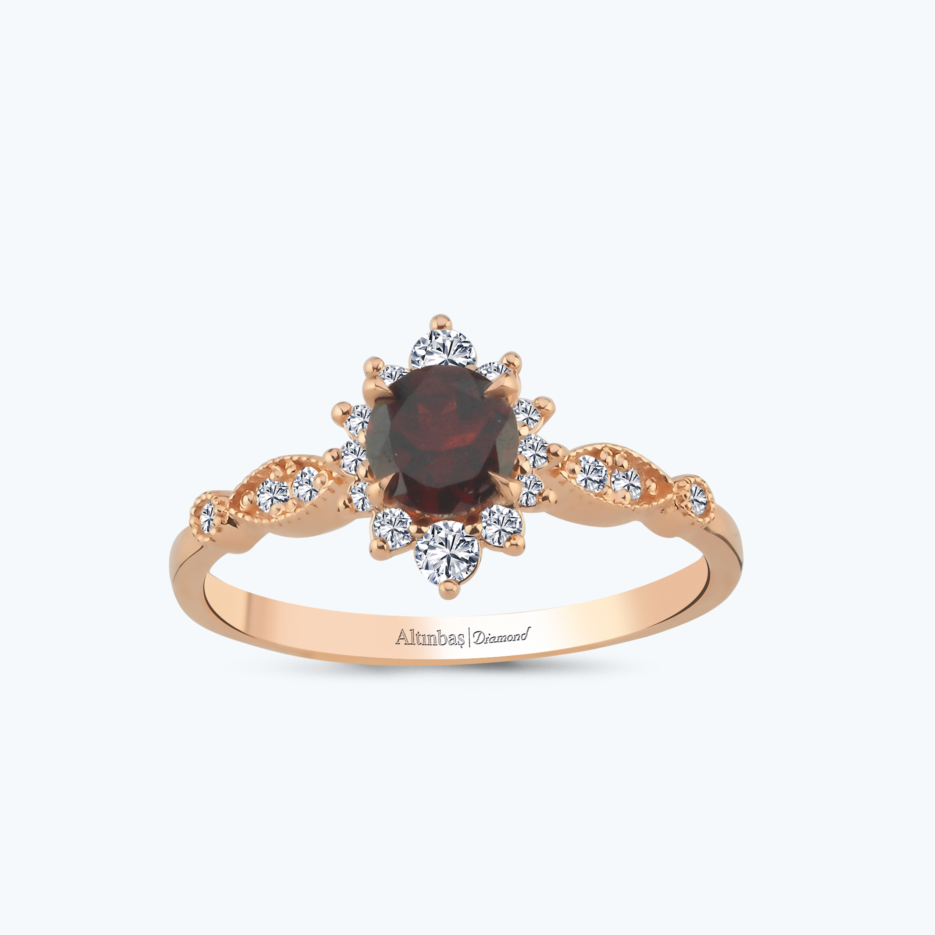 0.20 Karat Pırlanta Garnet Taşlı Vintage Yüzük