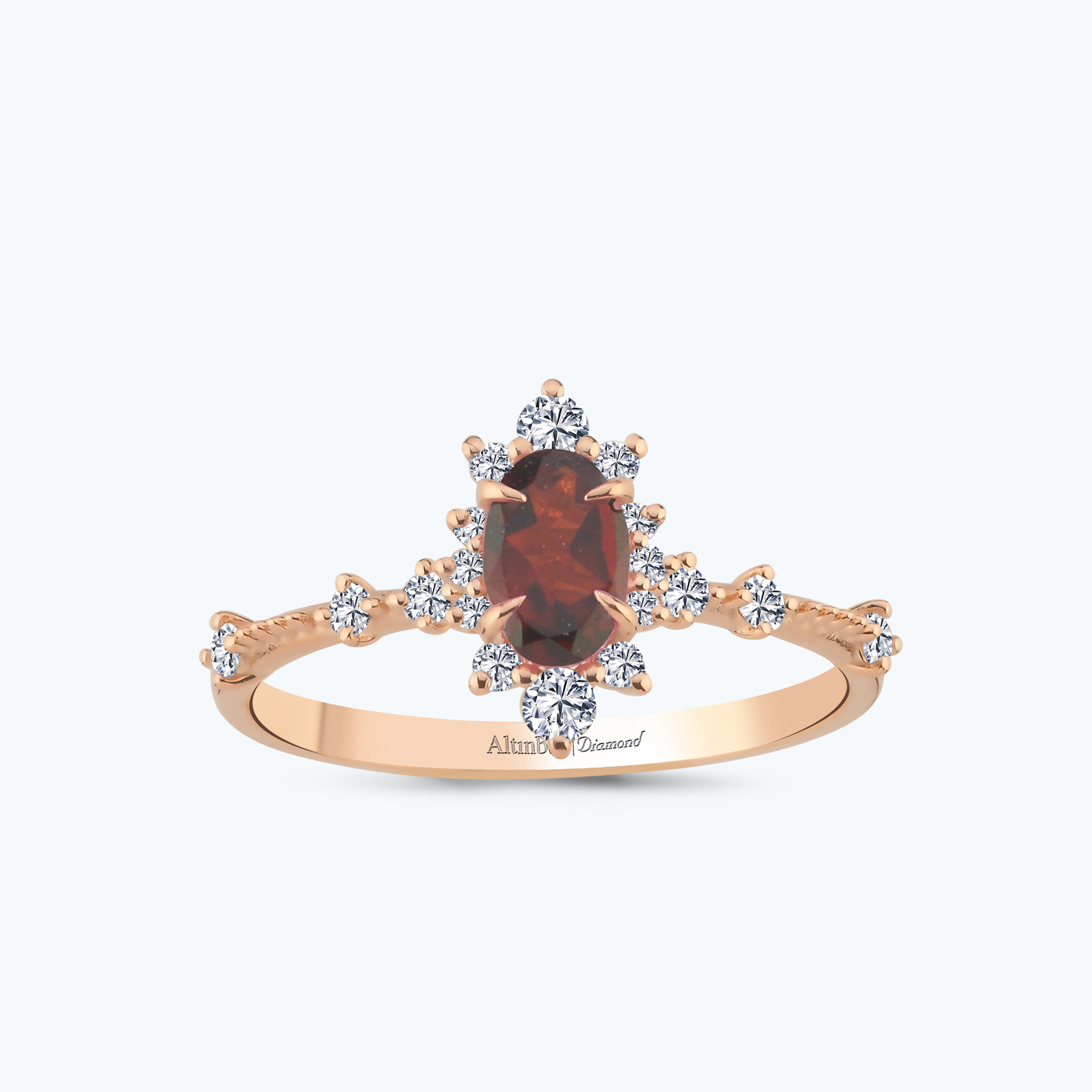 0.20 Karat Pırlanta Garnet Taşlı Oval Yüzük