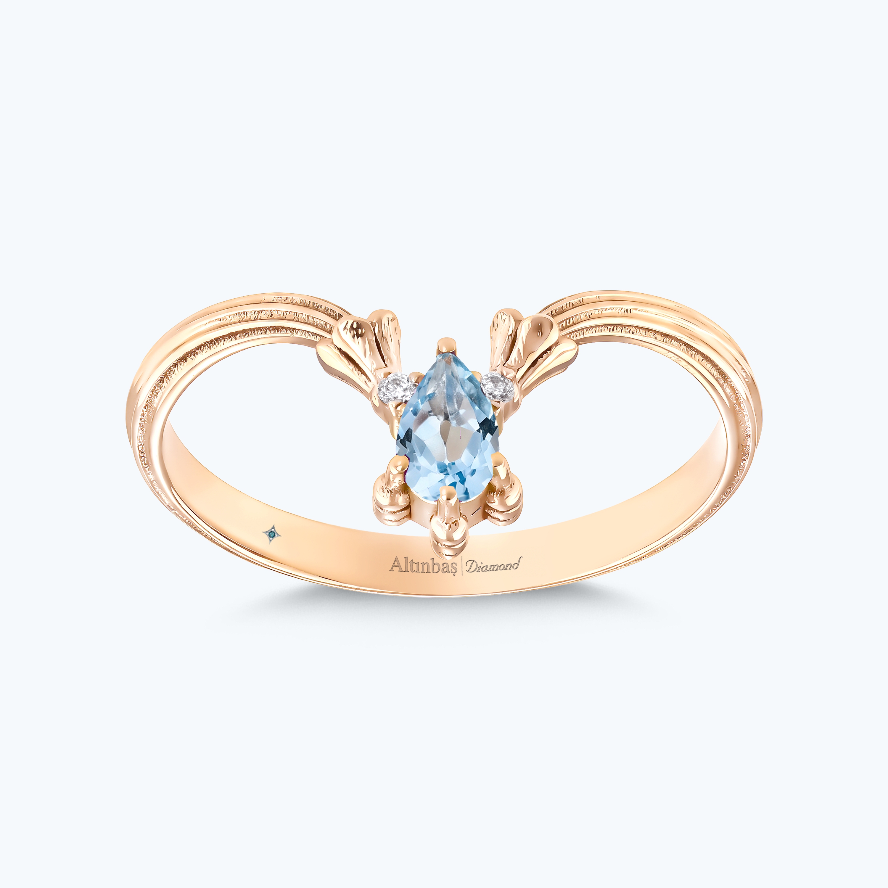 0.01 Karat Pırlanta Mavi Topaz Damla Yüzük