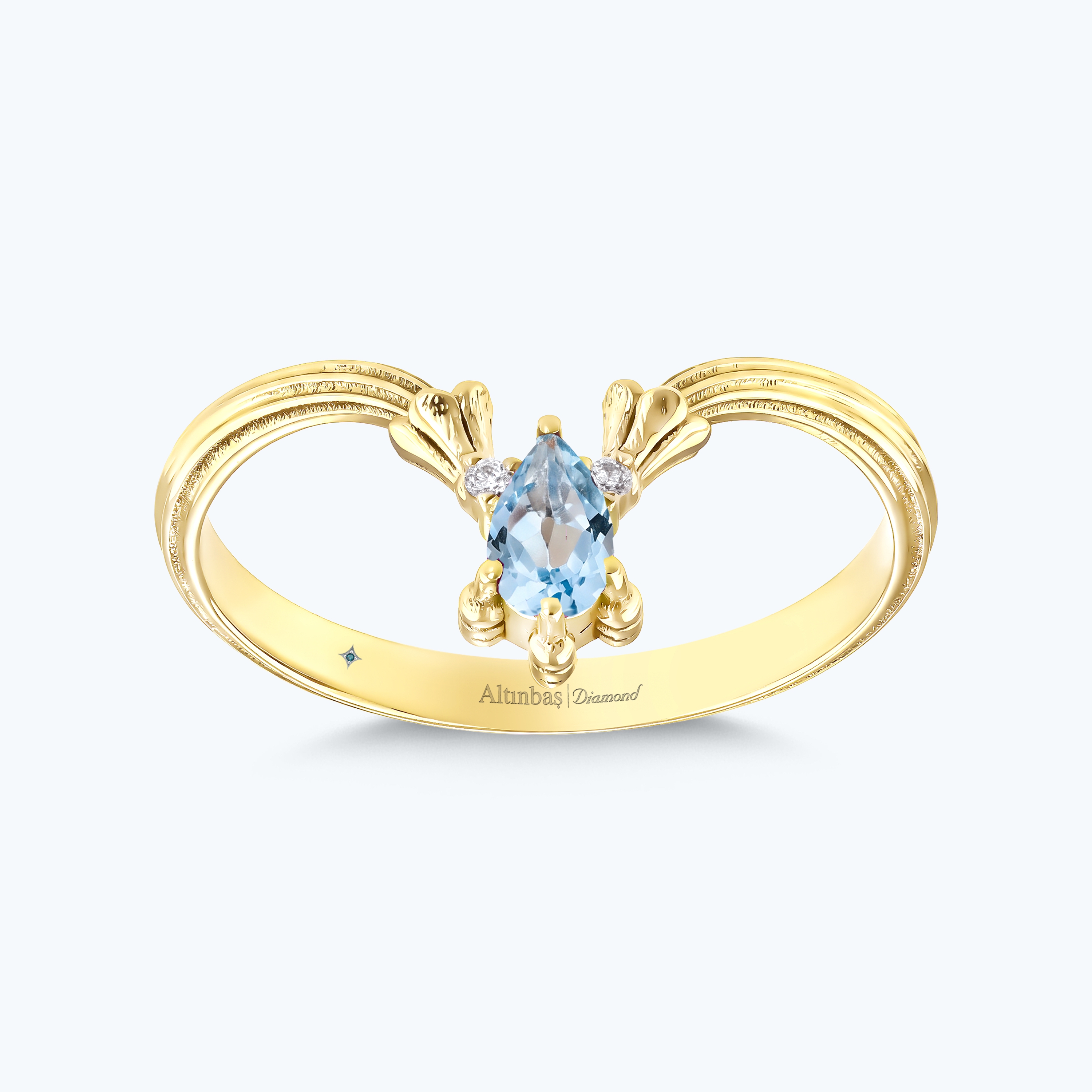 0.01 Karat Pırlanta Mavi Topaz Damla Yüzük