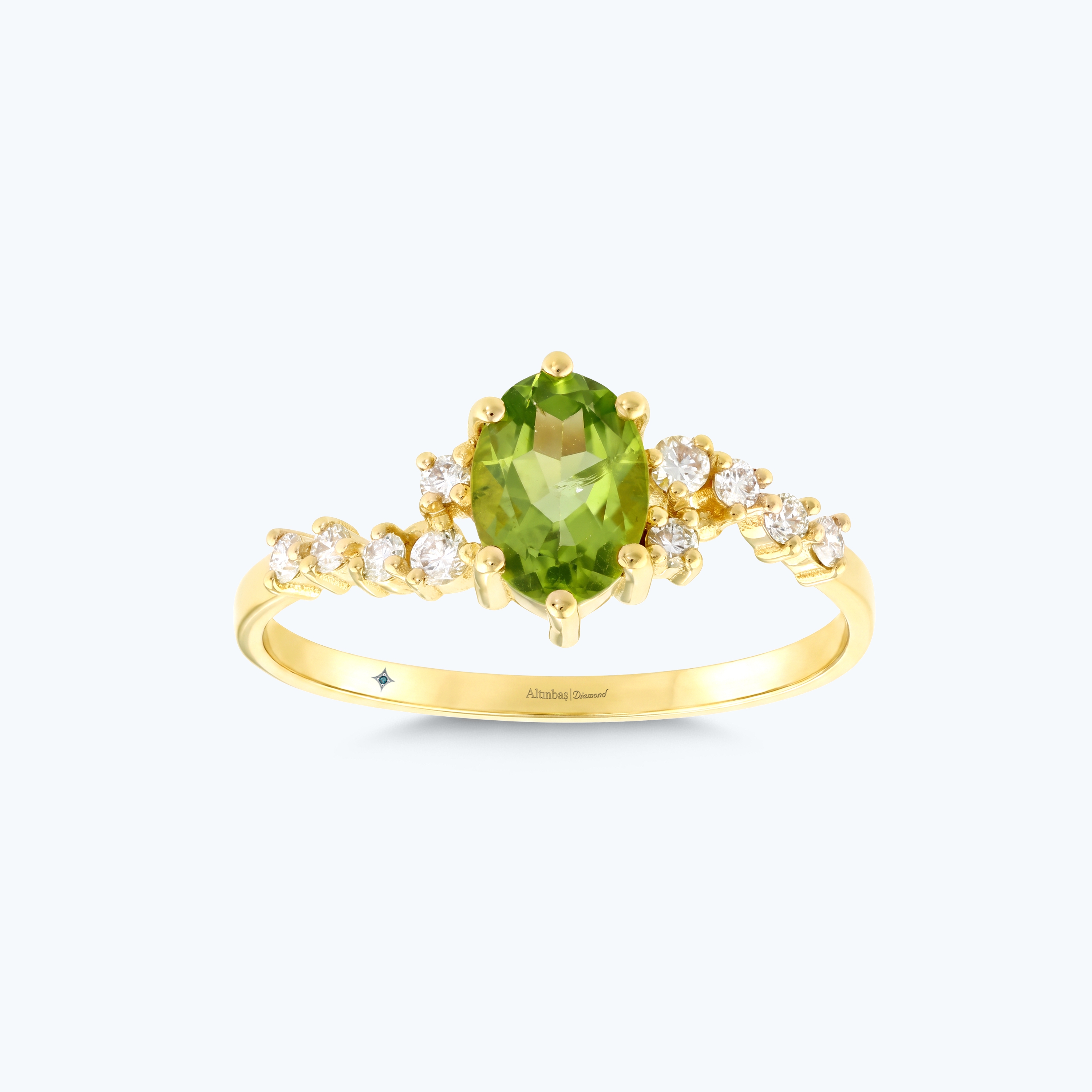 0.16 Karat Pırlanta Yeşil Topaz Oval Yüzük