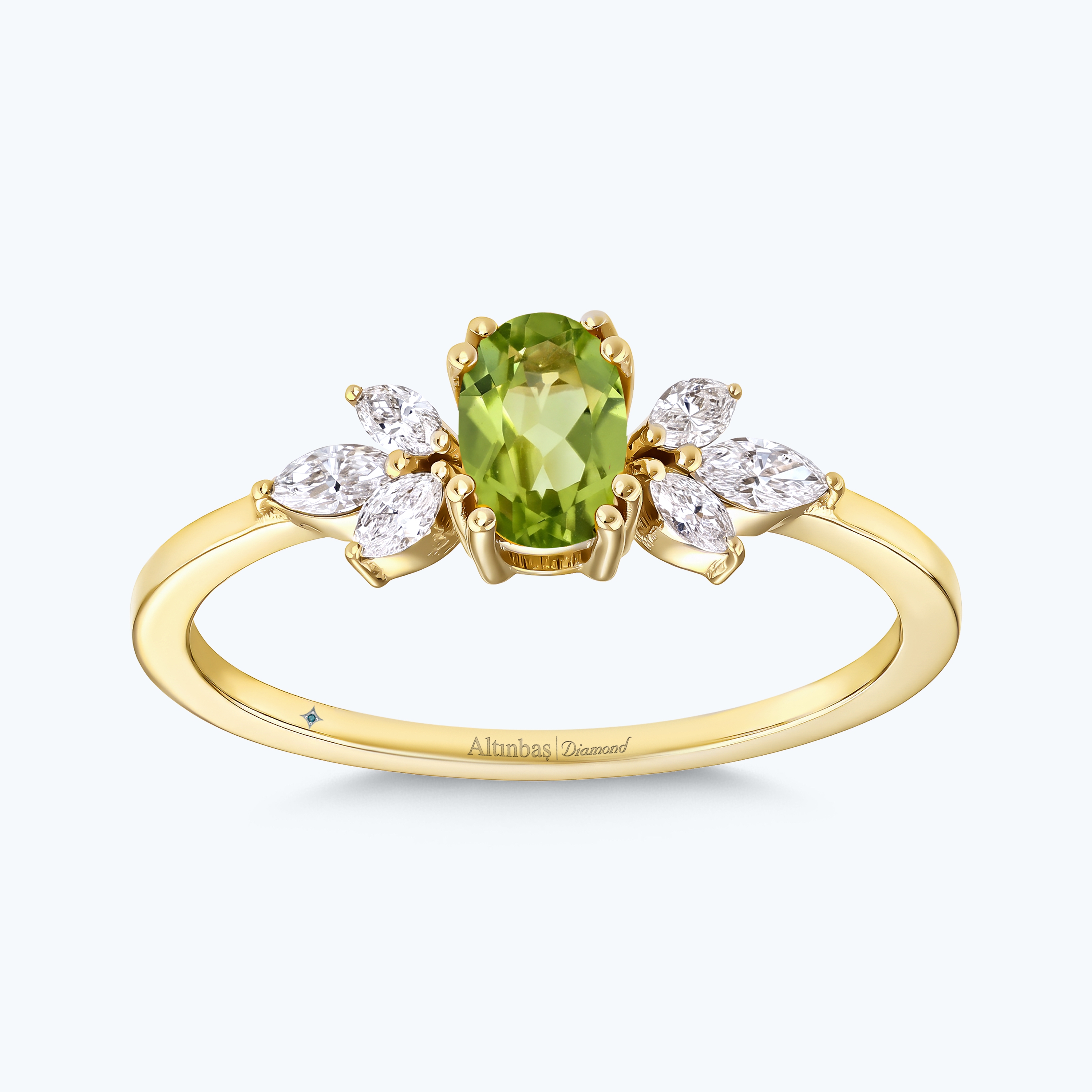 0.19 Karat Pırlanta Yeşil Topaz Oval Yüzük