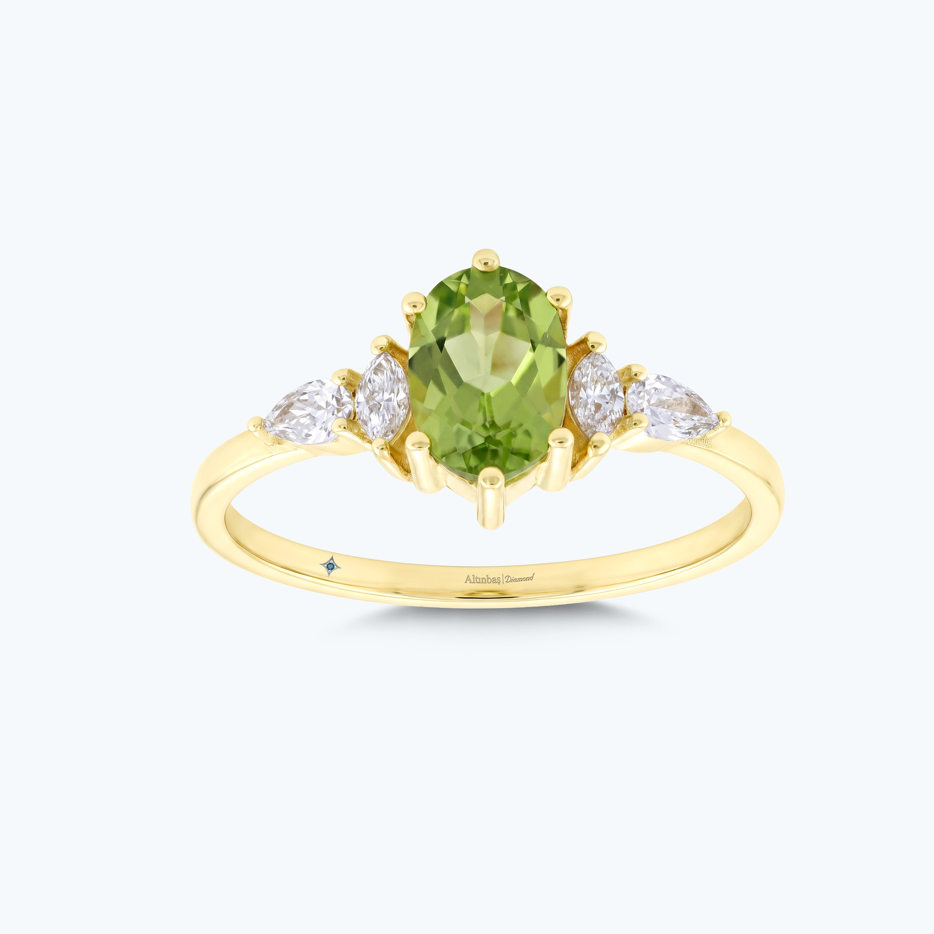 0.20 Karat Pırlanta Yeşil Topaz Oval Yüzük