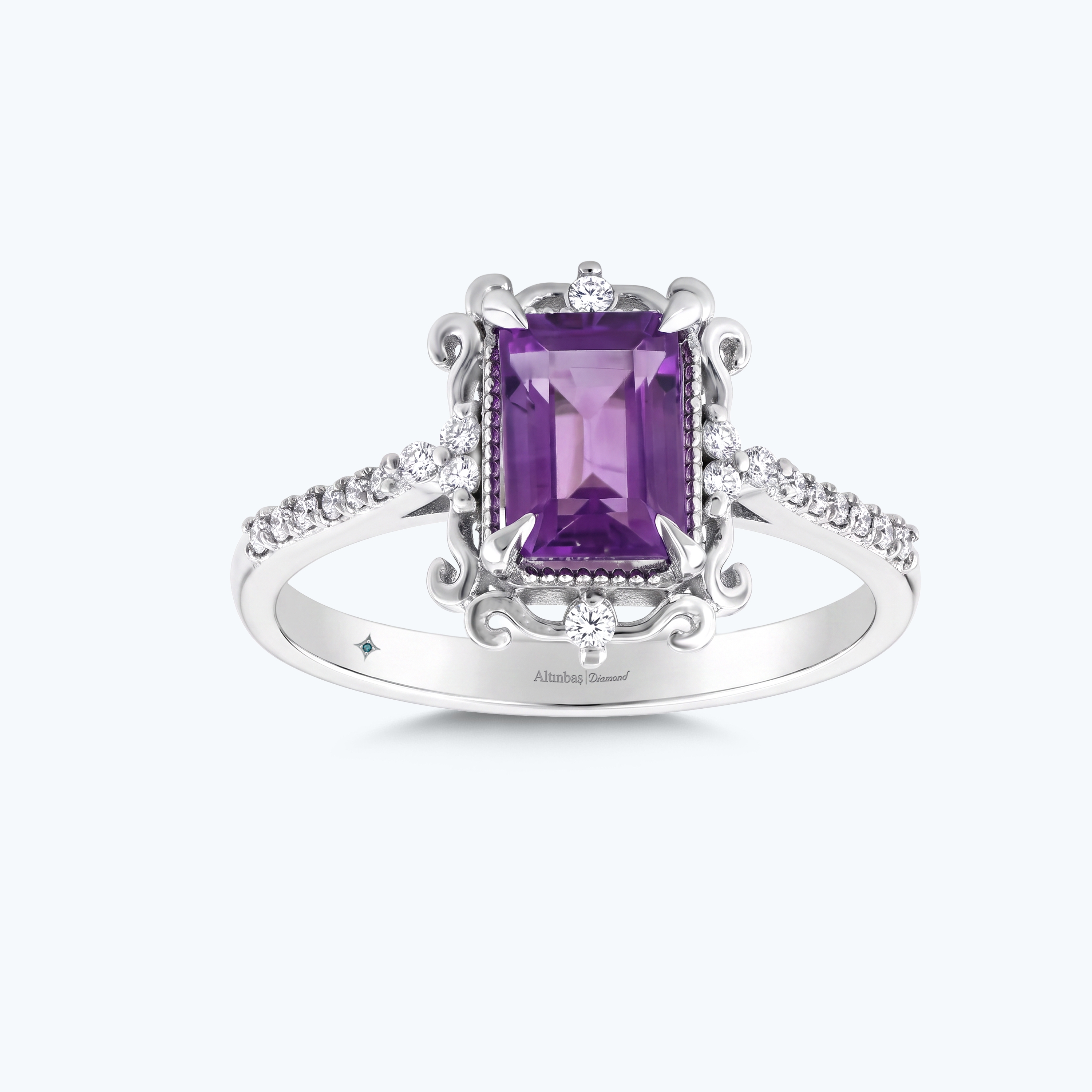 0.14 Karat Pırlanta Ametist Emerald Kesim Yüzük