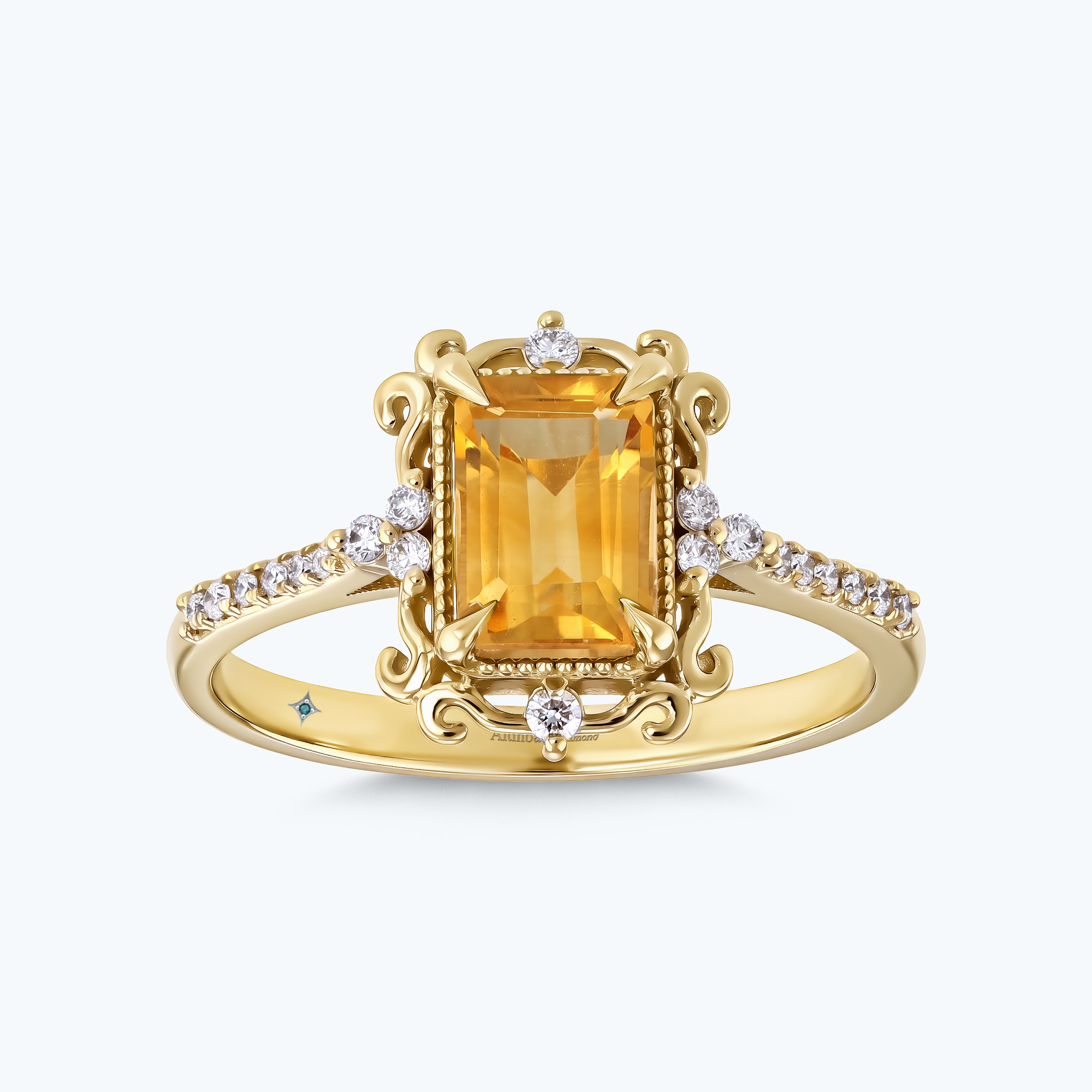 0.14 Karat Pırlanta Sitrin Emerald Kesim Yüzük