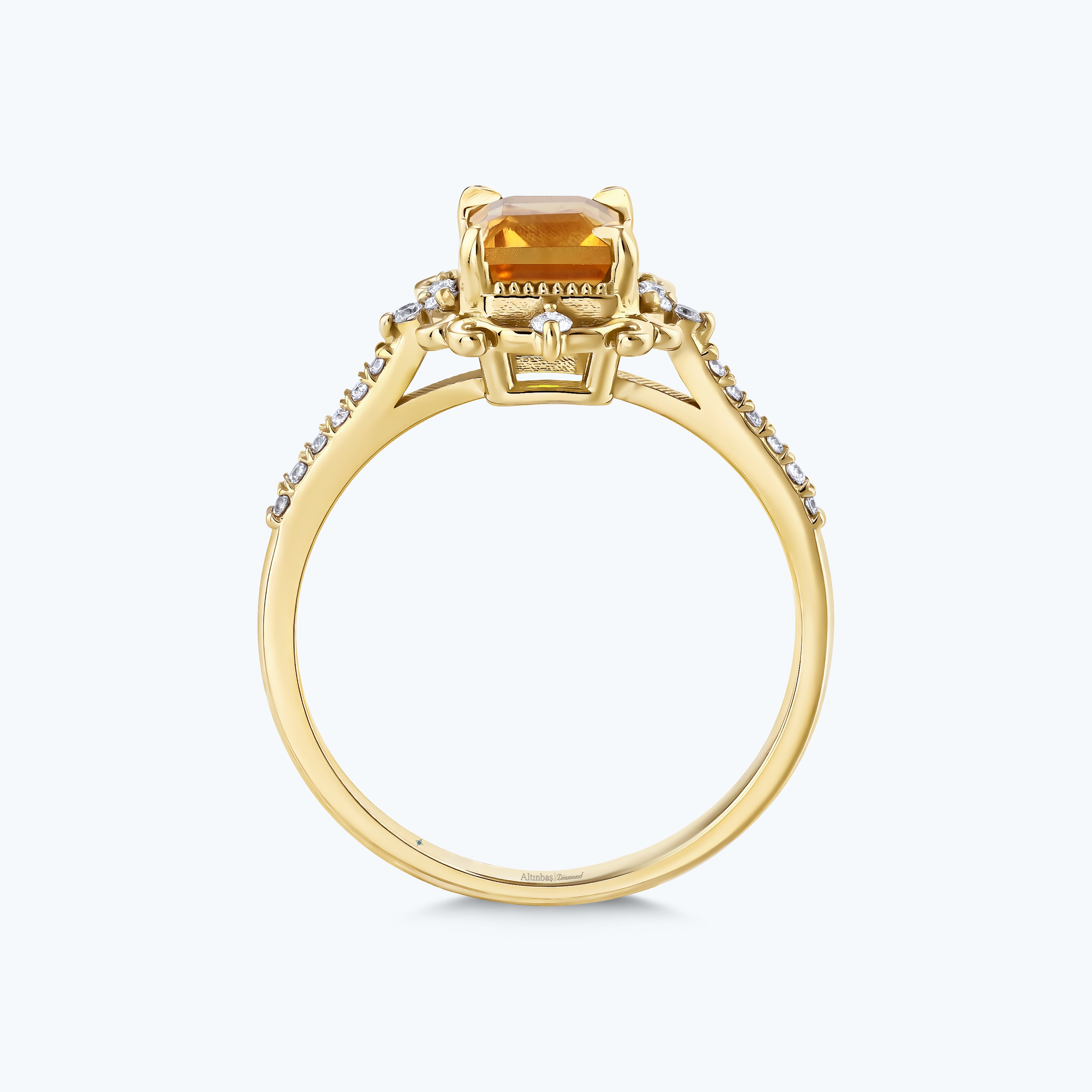 0.14 Karat Pırlanta Sitrin Emerald Kesim Yüzük