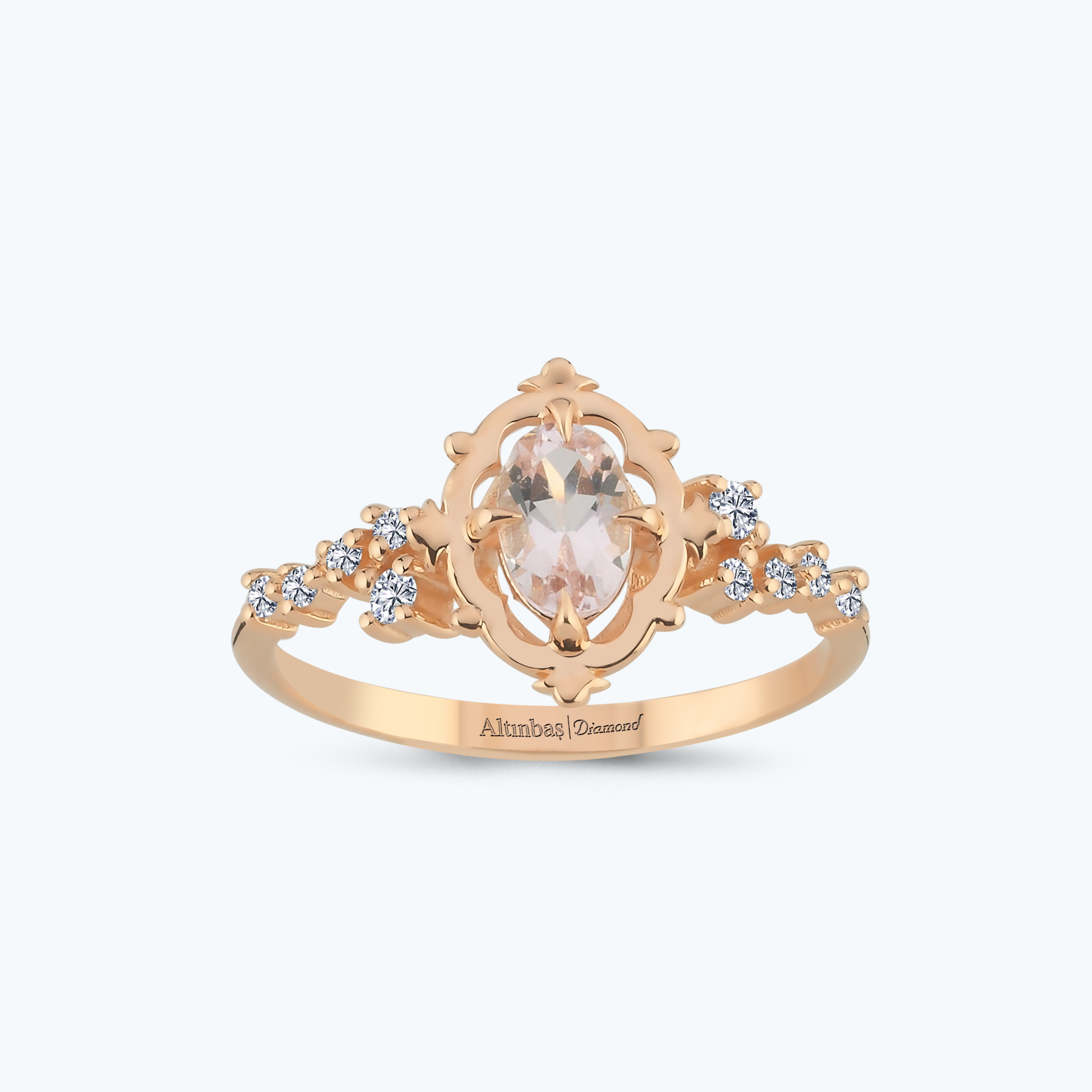 0.12 Karat Pırlanta Morganit Taşlı Oval Yüzük