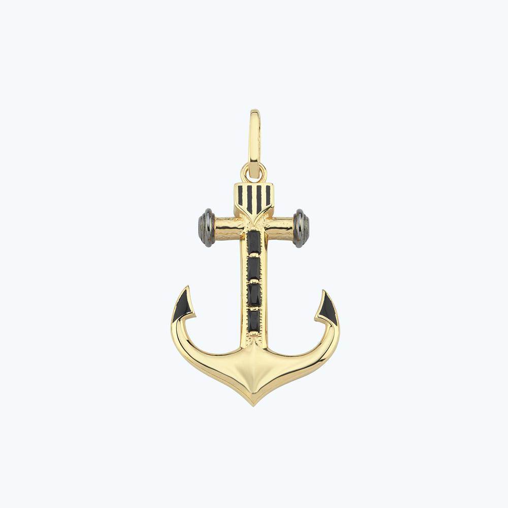 Siyah Taşlı Altın Çapa Kolye Ucu
