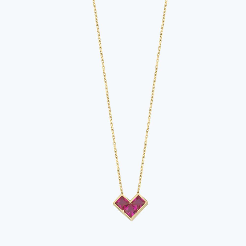 Pembe Taşlı Altın Kalp Kolye