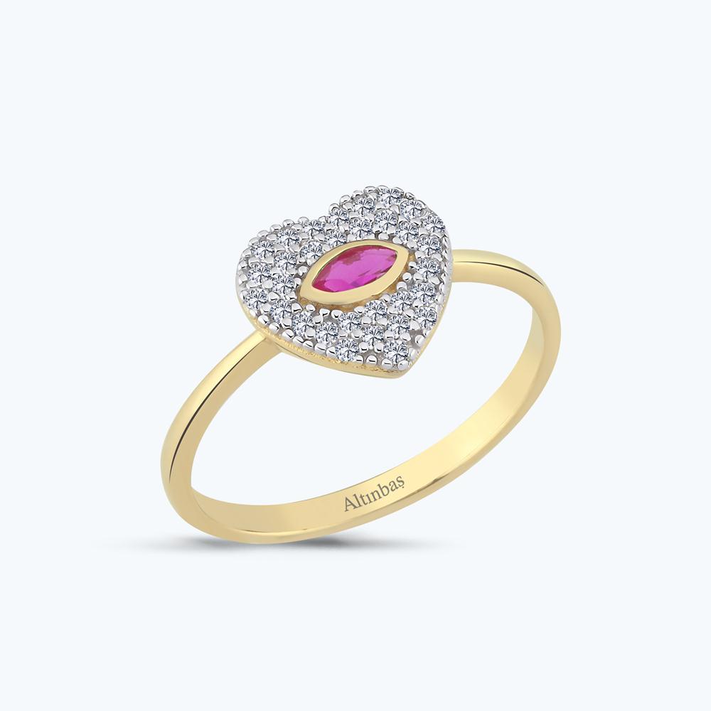 Kırmızı Markiz Taşlı Altın Kalp Yüzük