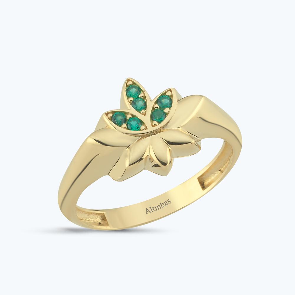Yeşil Taşlı Altın Lotus Çiçeği Yüzük