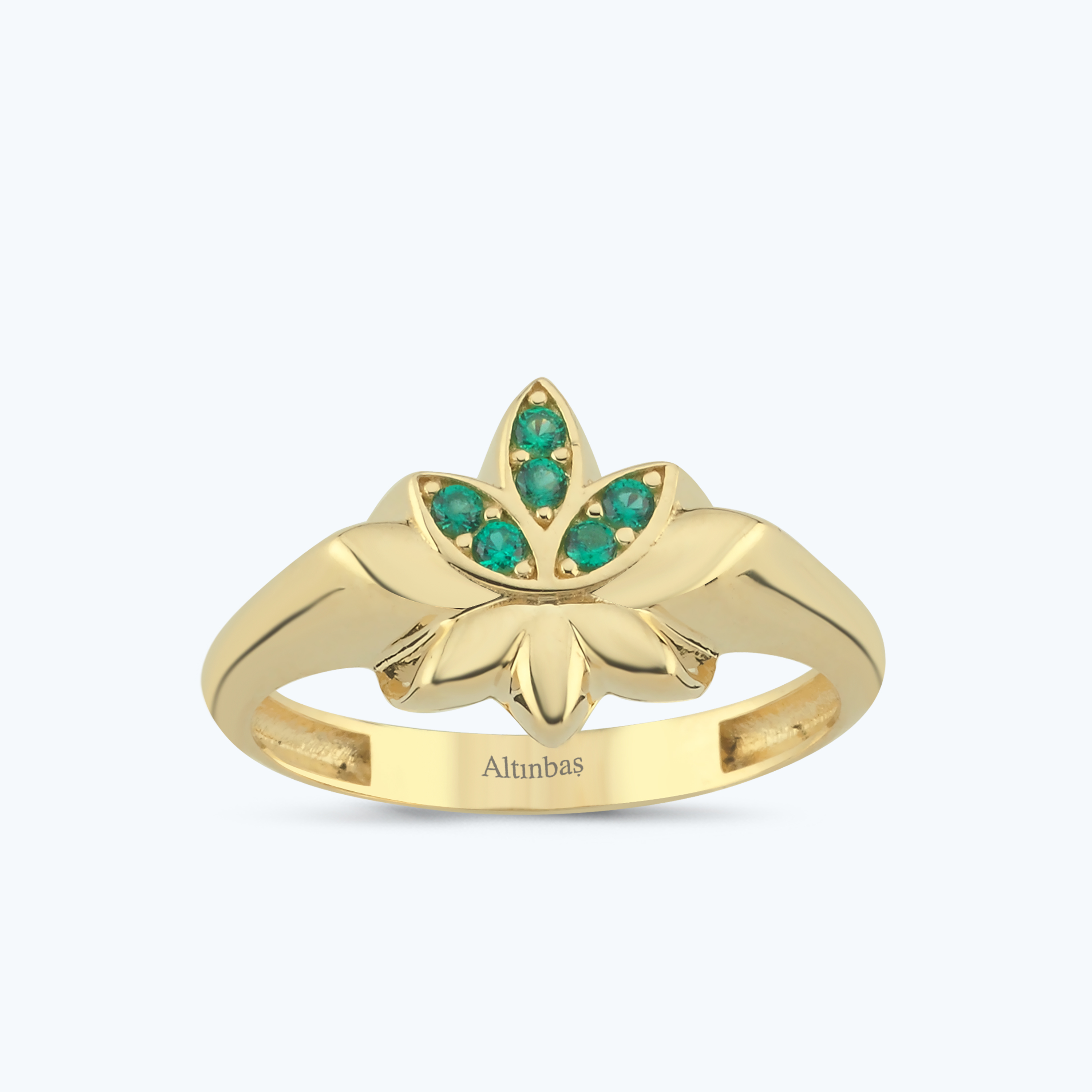 Yeşil Taşlı Altın Lotus Çiçeği Yüzük