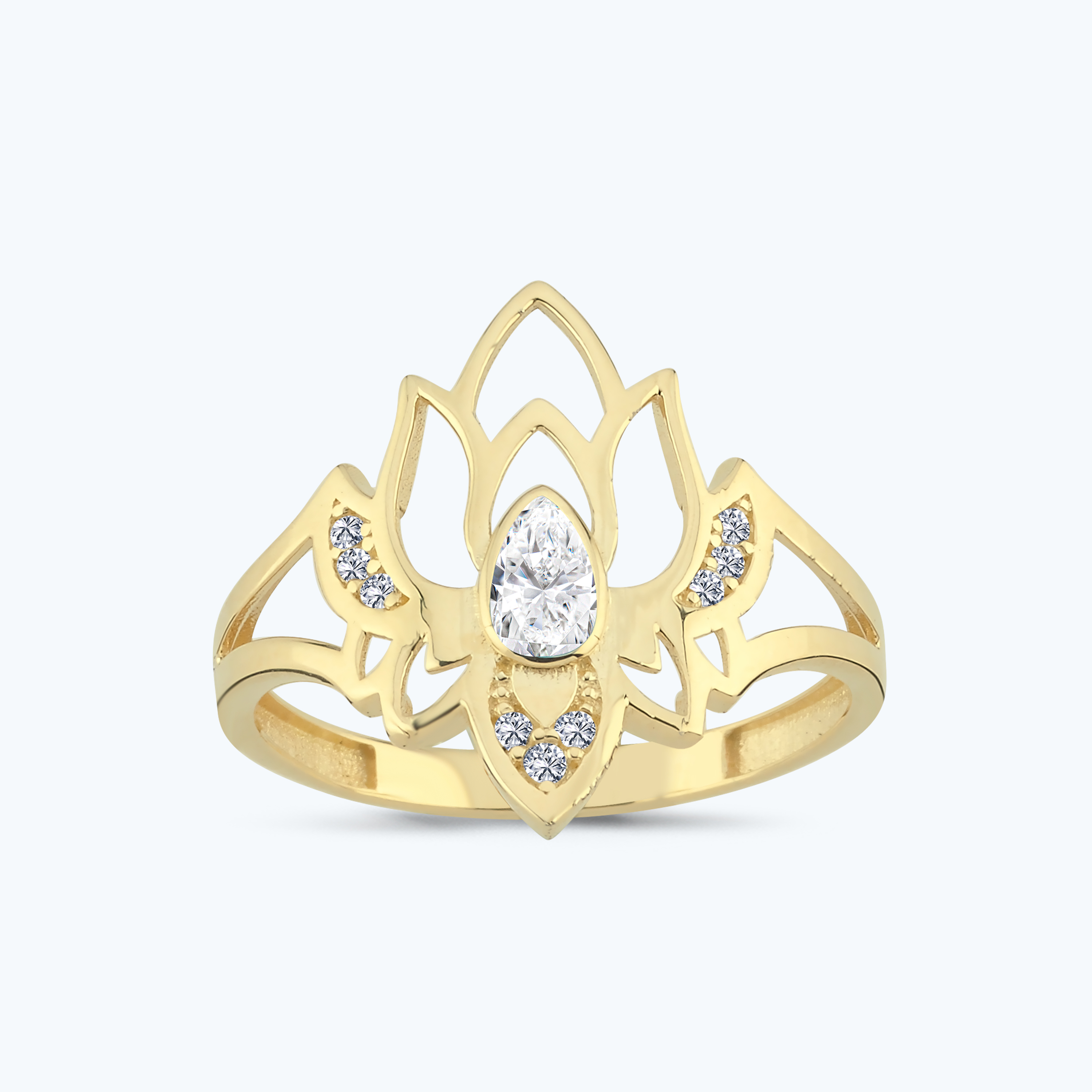 Altın Damla Taşlı Lotus Çiçeği Yüzük