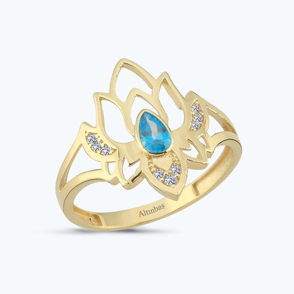 Mavi Taşlı Altın Lotus Çiçeği Yüzük