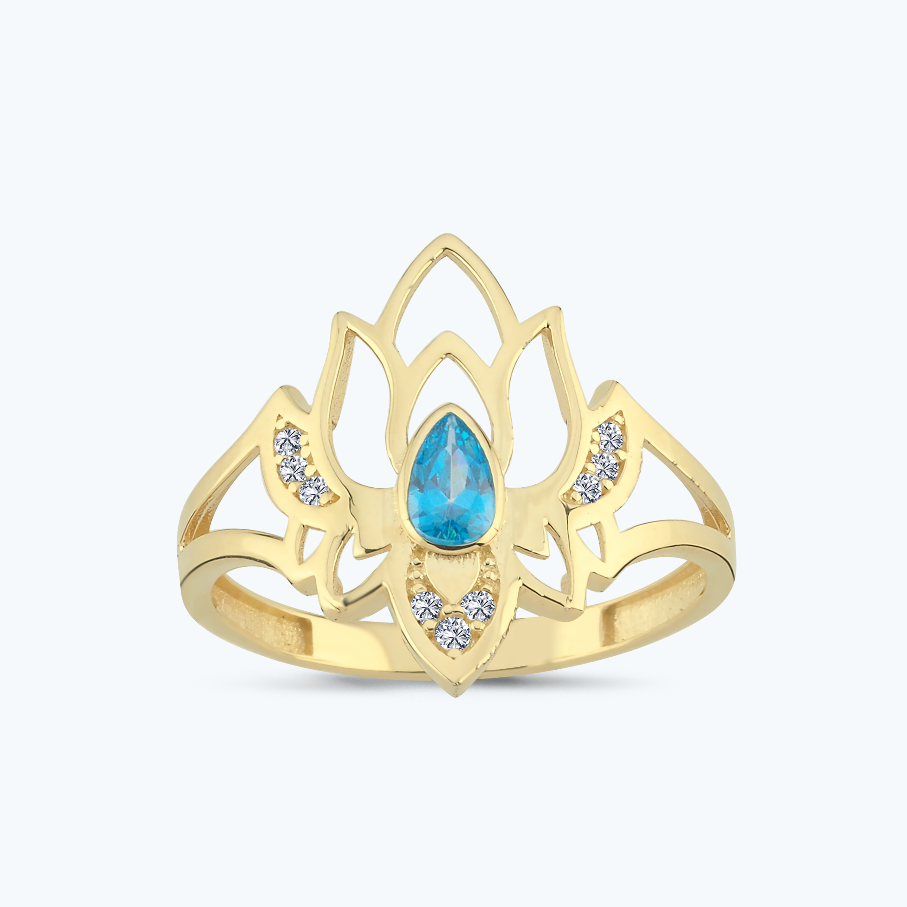 Mavi Taşlı Altın Lotus Çiçeği Yüzük
