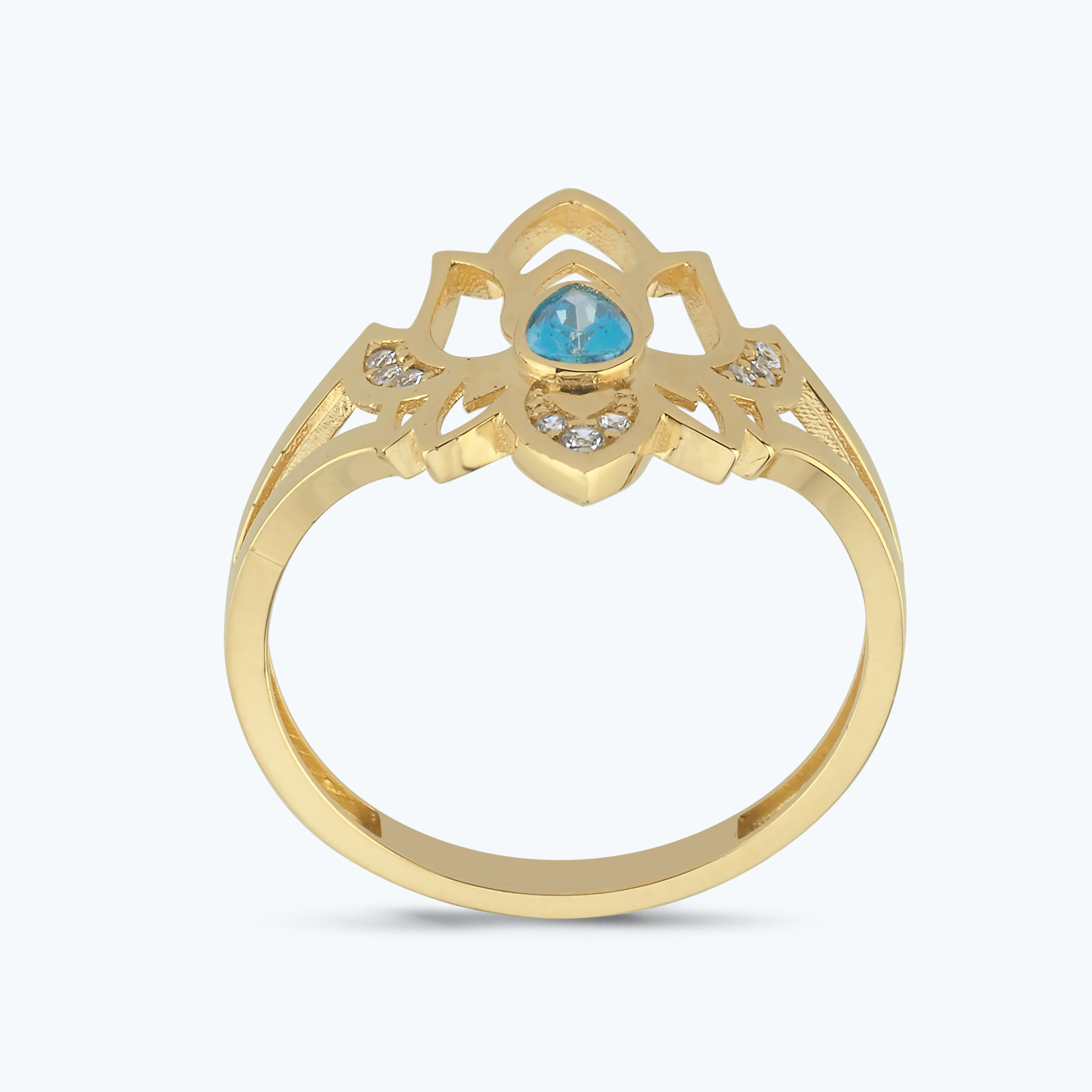 Mavi Taşlı Altın Lotus Çiçeği Yüzük