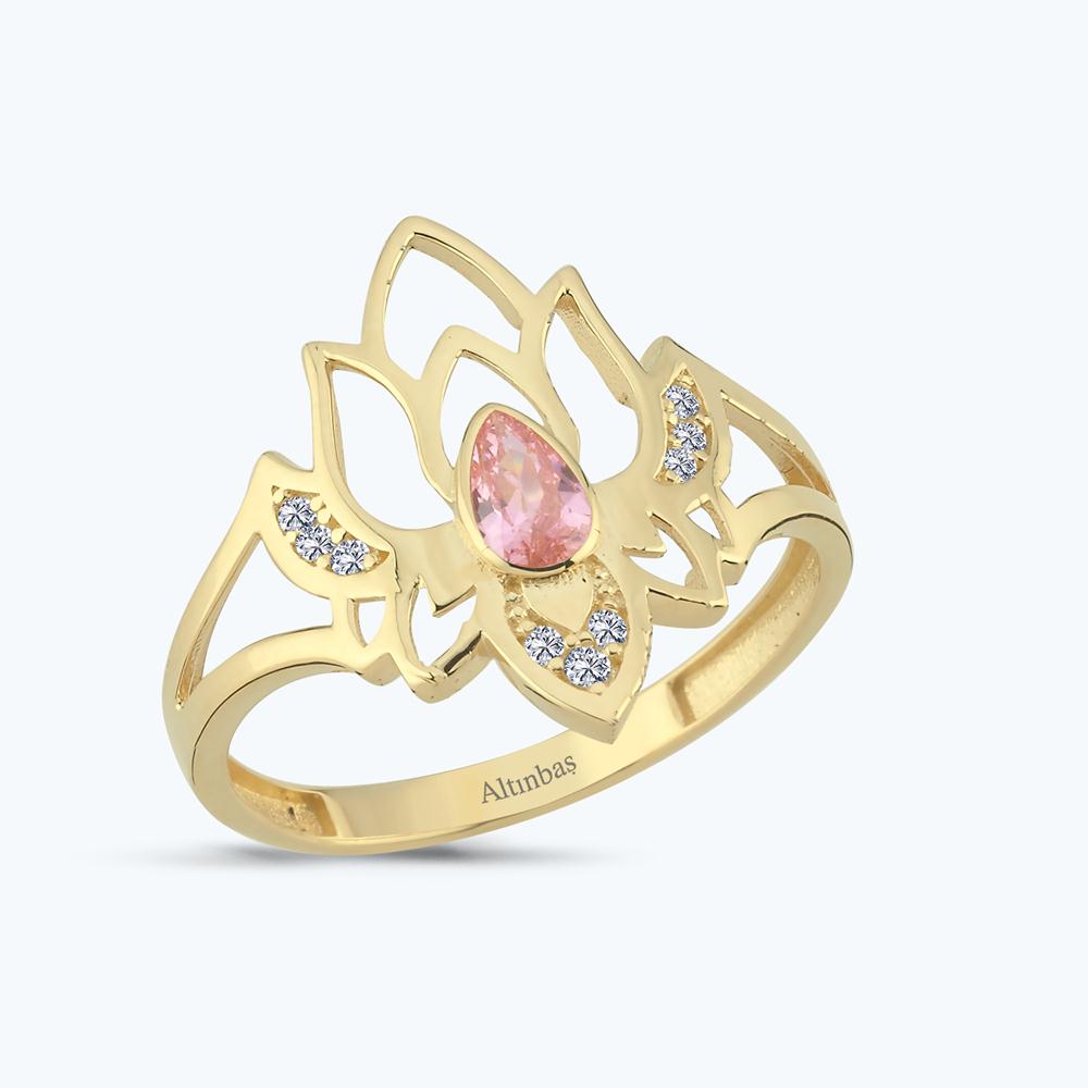 Pembe Taşlı Altın Lotus Çiçeği Yüzük