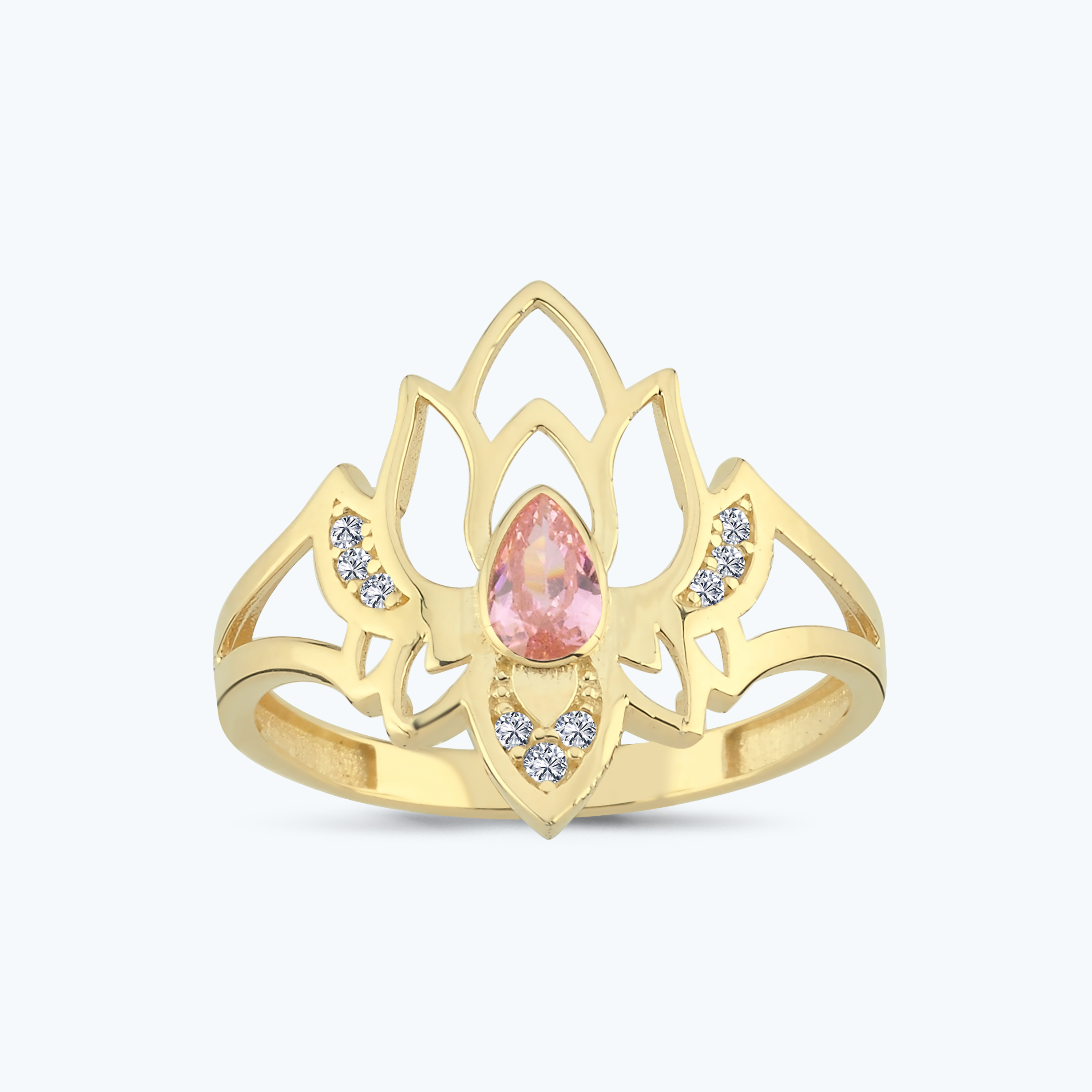 Pembe Taşlı Altın Lotus Çiçeği Yüzük