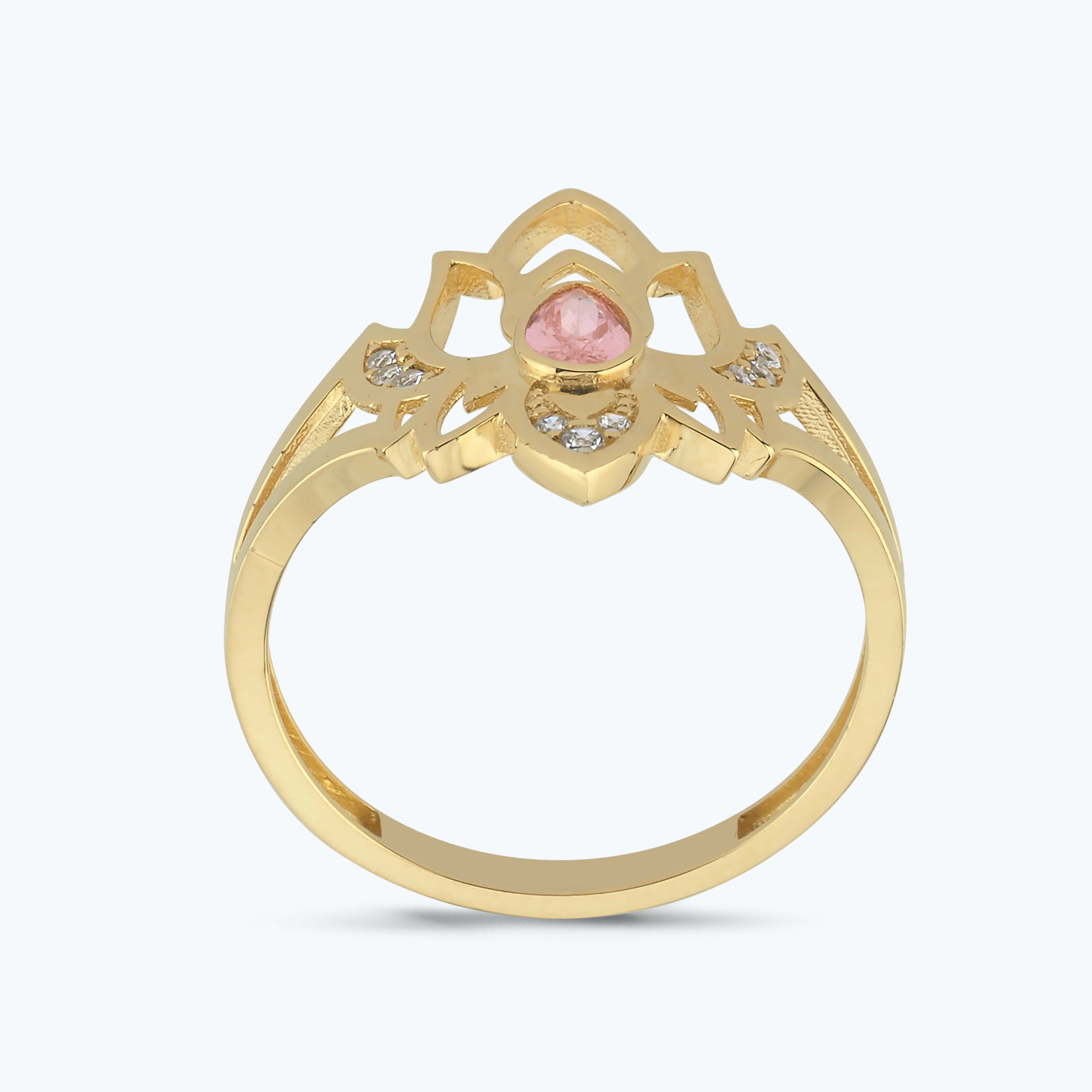Pembe Taşlı Altın Lotus Çiçeği Yüzük