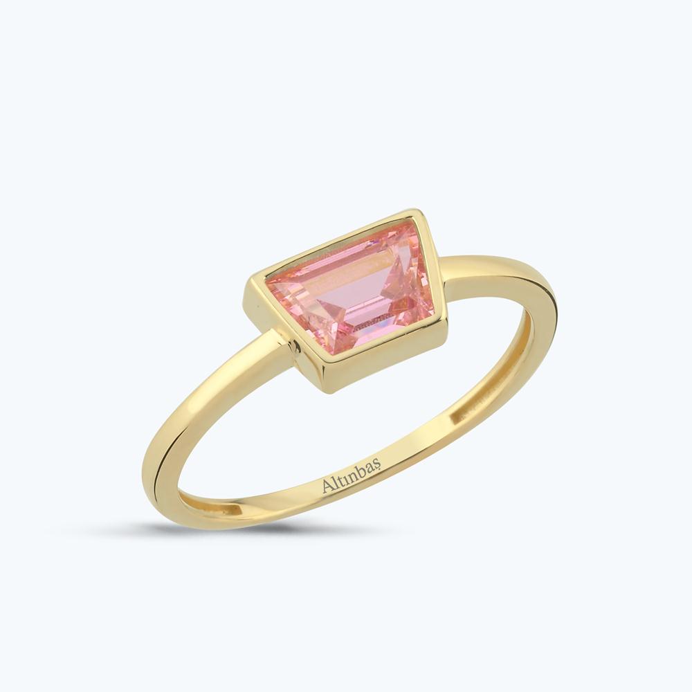Pembe Taşlı Altın Dörtgen Yüzük