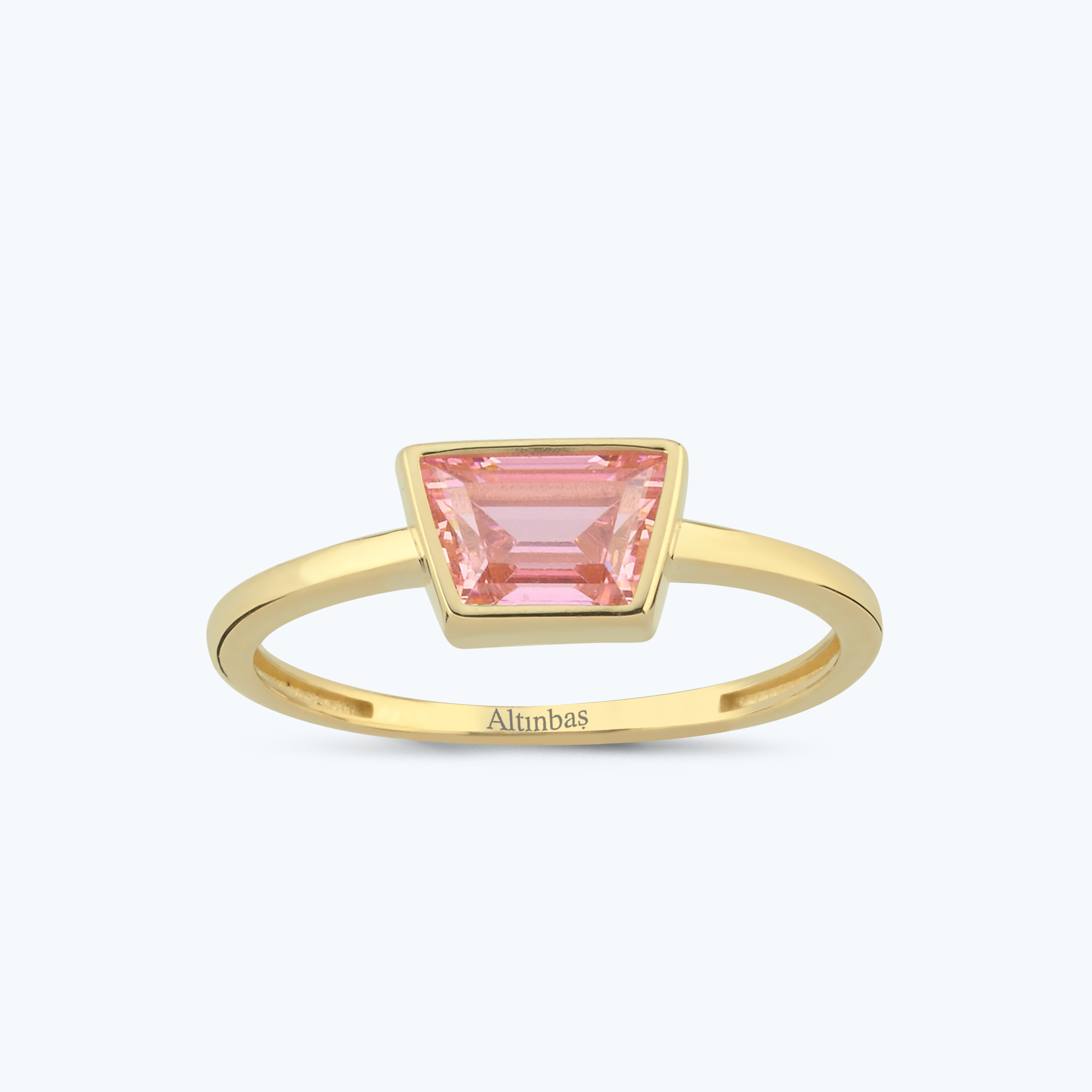 Pembe Taşlı Altın Dörtgen Yüzük