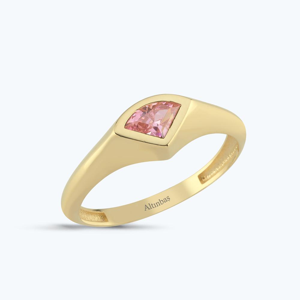 Pembe Taşlı Altın Üçgen Yüzük