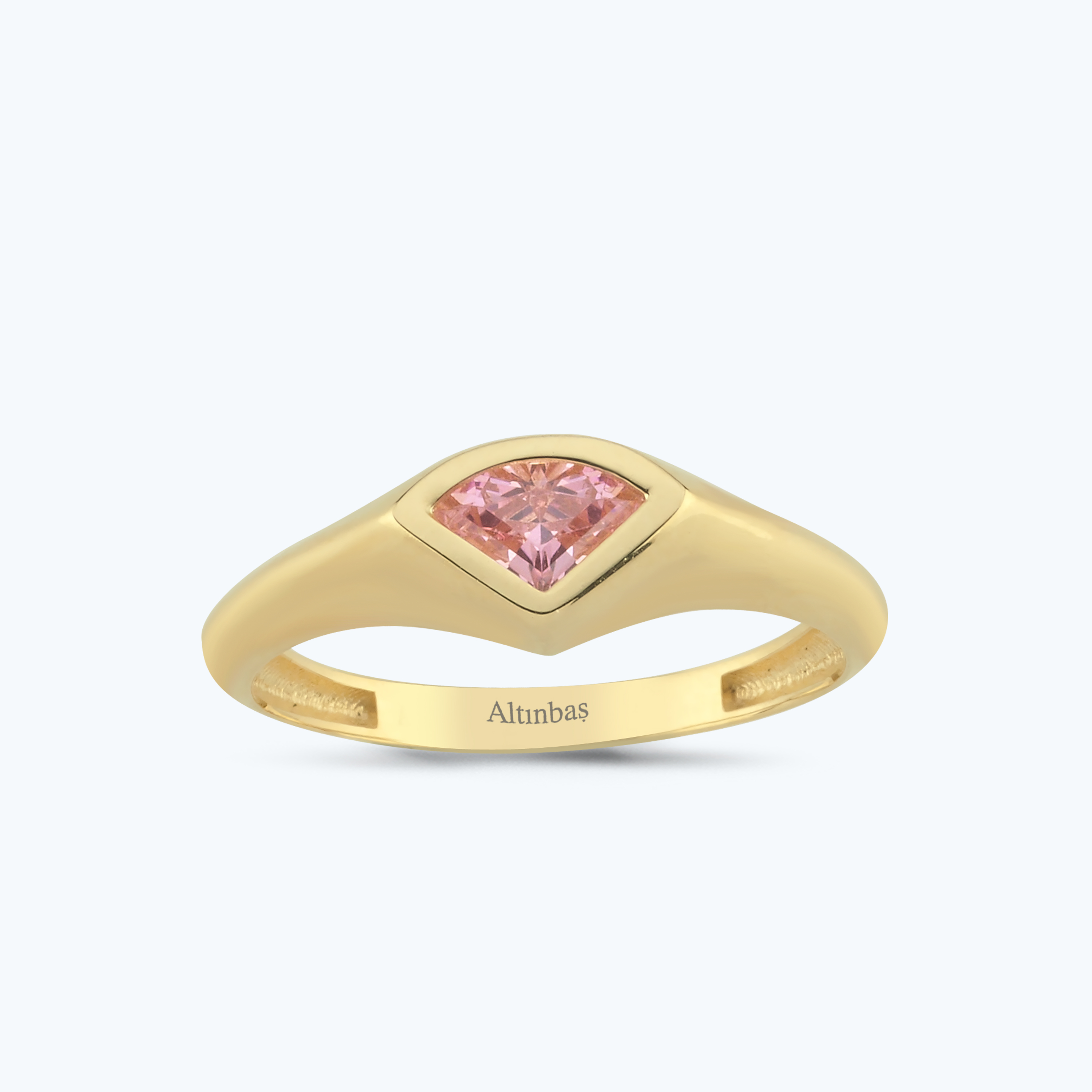 Pembe Taşlı Altın Üçgen Yüzük