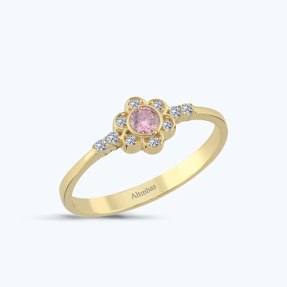 Pembe Taşlı Altın Çiçek Yüzük