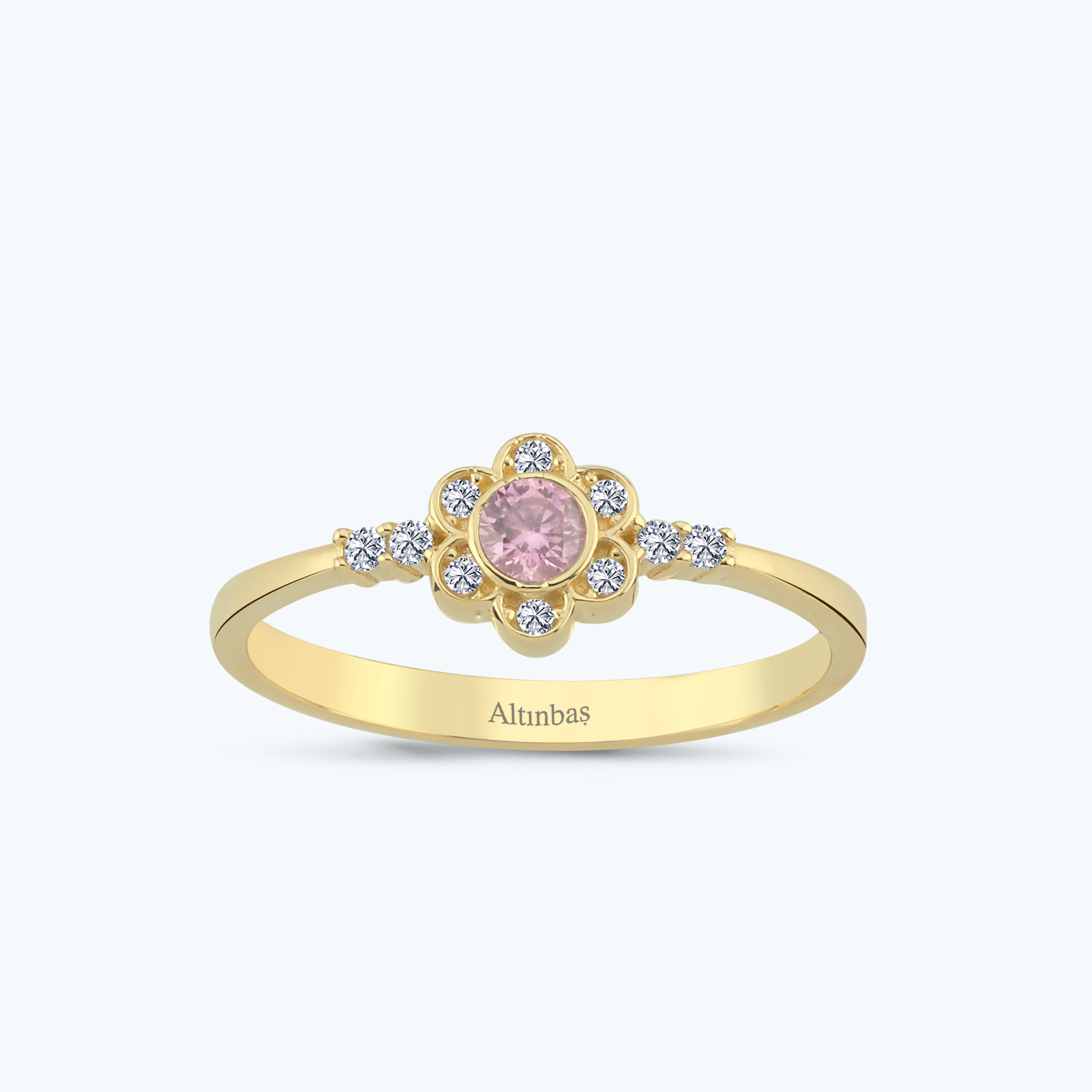 Pembe Taşlı Altın Çiçek Yüzük